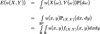 \begin{array}{lcl}
 \\ E(u(X,Y)) &=& \int_\Omega u(X(\omega), Y(\omega)) \mathbb{P}(d\omega)\\
 \\ &=& \int_{\R^2} u(x,y) \mathbb{P}_{(X,Y)}(dx,dy)
 \\ &=& \int_\R\int_\R u(x,y)f_{(X,Y)}(x,y)dxdy
 \\ \end{array}